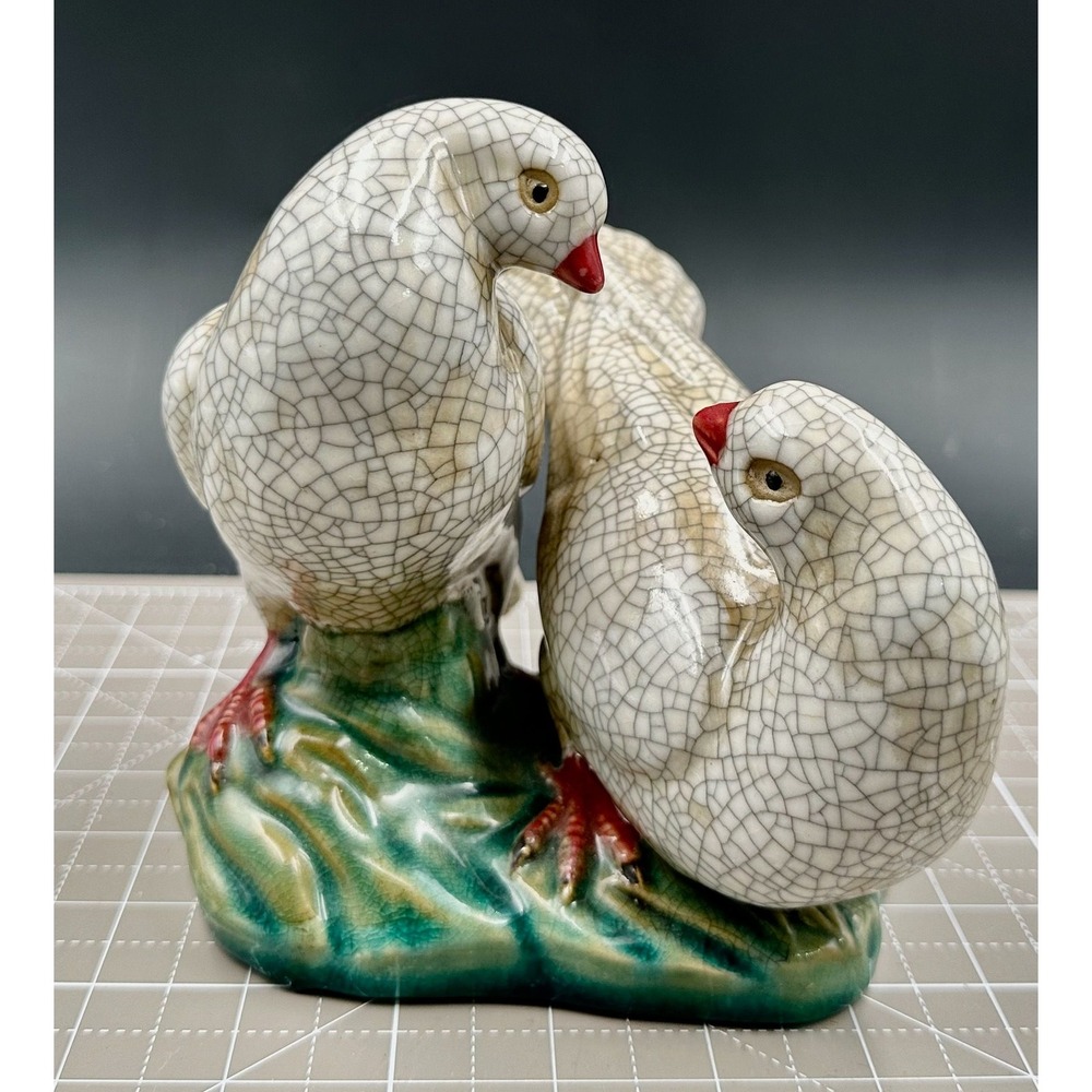 Vintage Asian Crackle Porcelain Doves Figure on Green Ground Base